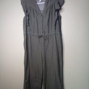 Susina Jumper Romper Women M Pants Cropped Short Sleeve Button Green